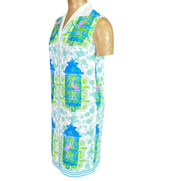 Vintage 60s Mod Birdcage Print Button Up Sleeveless Shift Dress #204L - Picture 3 of 7